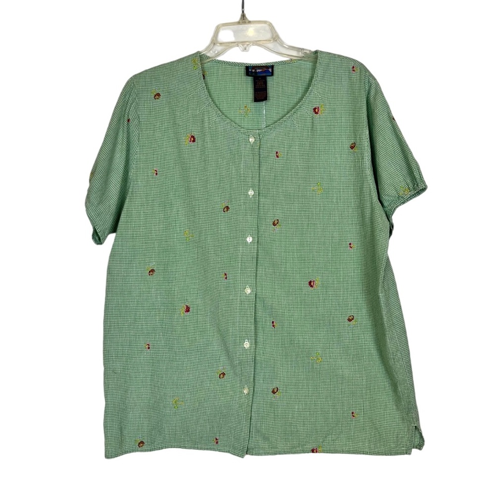 Shaver Lake Woman Cotton Floral Embroidered Green and White Checkered Top